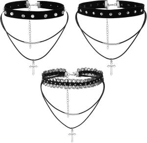 Aroncent 3pcs Layered Black Choker Necklaces for Women Velet Leather Choker Collar with Cross Pendant Adjustable Goth Choker Necklace Christmas Gifts