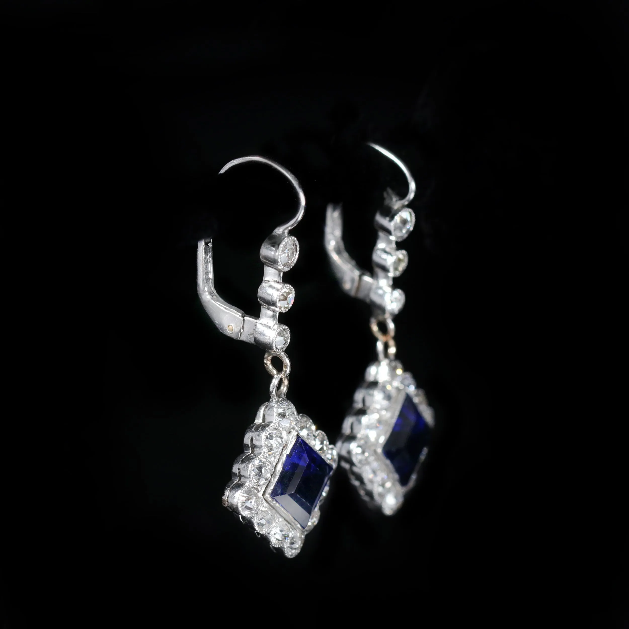 Art Deco Synthetic Sapphire and Old Mine Cut Diamond Dangle Earrings