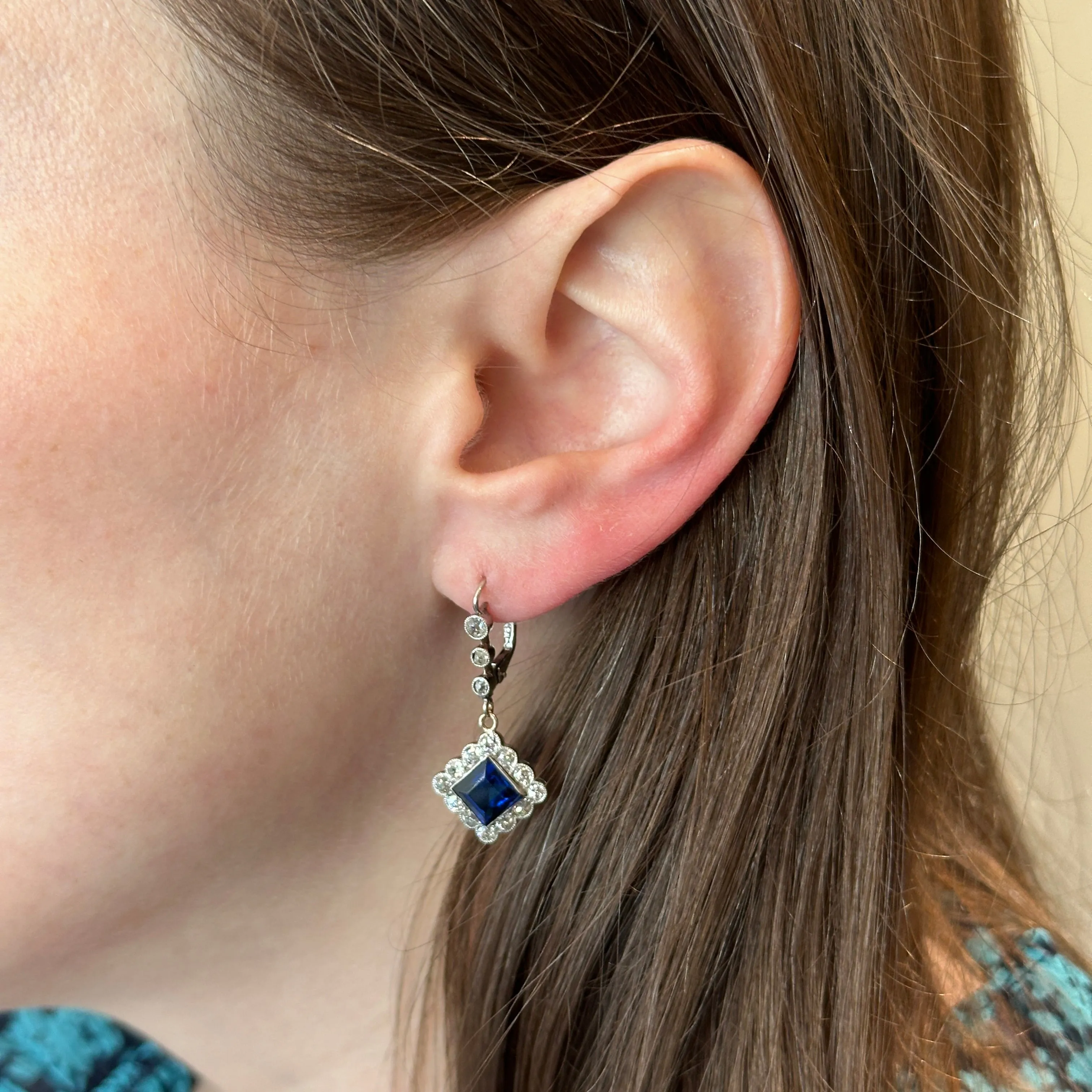 Art Deco Synthetic Sapphire and Old Mine Cut Diamond Dangle Earrings