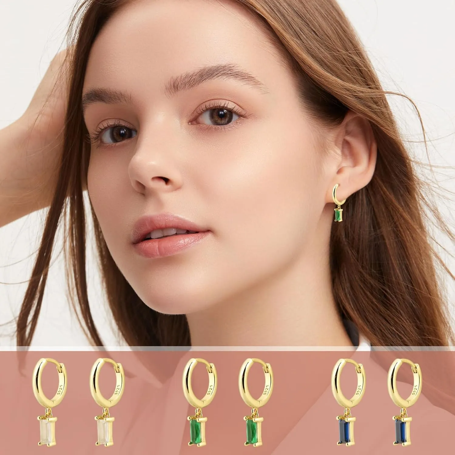 Baguette Drop Huggie Hoop Earrings, Natural Crystal Dangle Drop Earrings, 14K Gold Plated Hypoallergenic Small Hoop Drop Earrings for Women Girls Gifts (Pink)