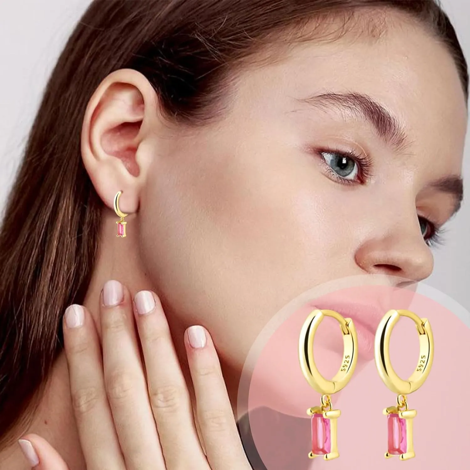 Baguette Drop Huggie Hoop Earrings, Natural Crystal Dangle Drop Earrings, 14K Gold Plated Hypoallergenic Small Hoop Drop Earrings for Women Girls Gifts (Pink)