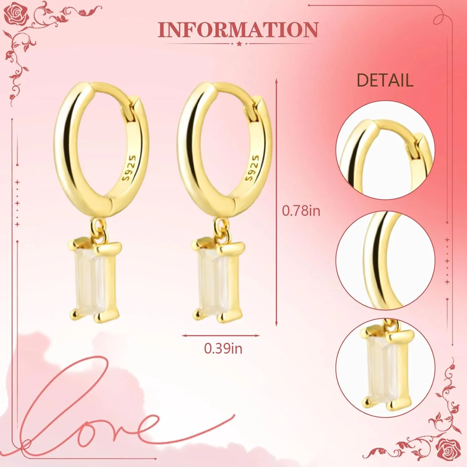 Baguette Drop Huggie Hoop Earrings, Natural Crystal Dangle Drop Earrings, 14K Gold Plated Hypoallergenic Small Hoop Drop Earrings for Women Girls Gifts (Pink)