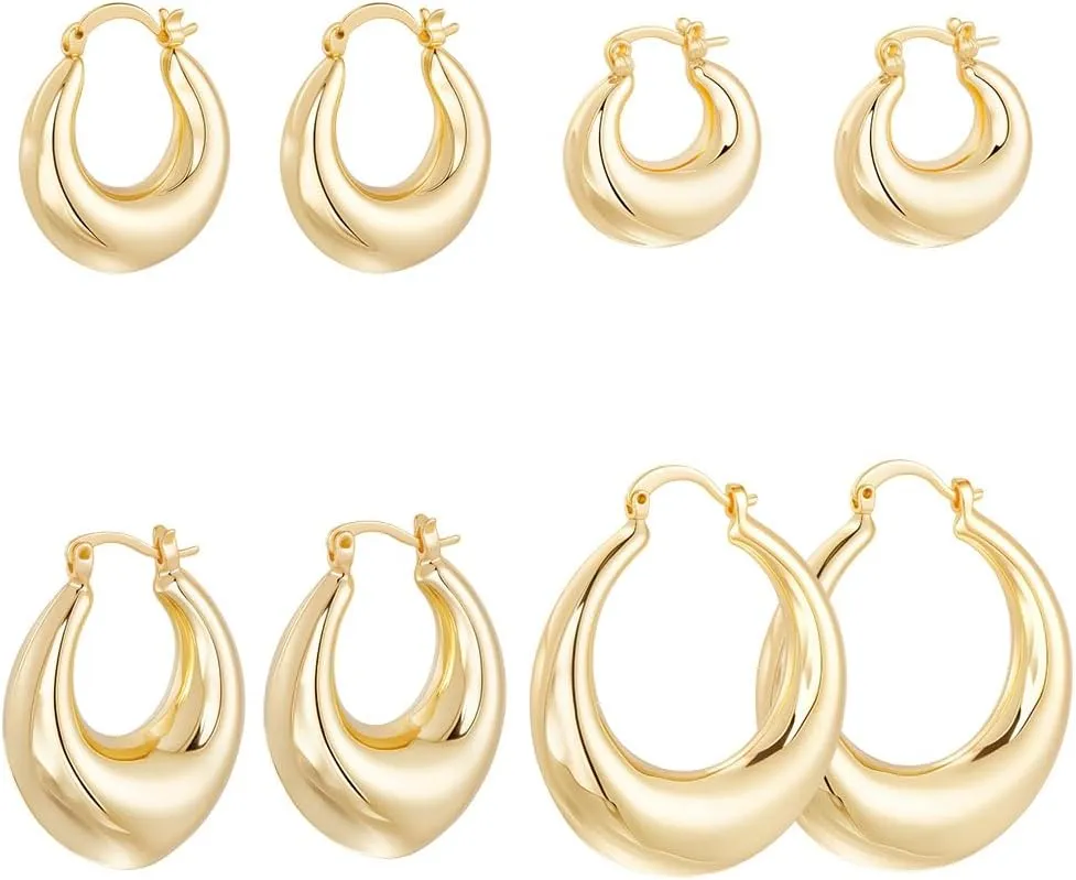 Beebeecraft 1 Box 4 Pairs Chunky Hoop Earrings 18K Gold Plated Oval Dangle Huggie Earring Set for Women Gift