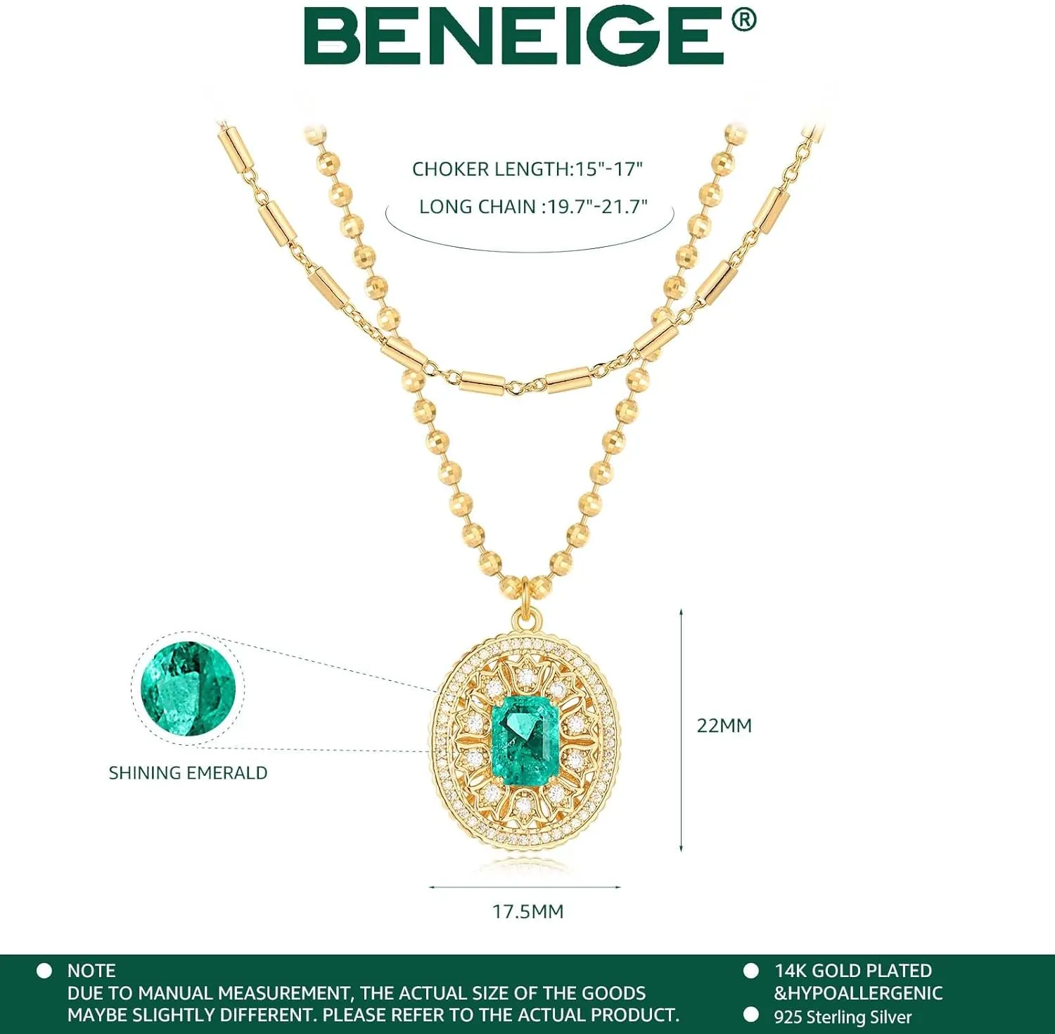 BENEIGE Layered Necklaces for Women 14K Gold Plated Emerald Necklace for Women Dainty Gold Necklace Stack Hypoallergenic Jewelry for Women