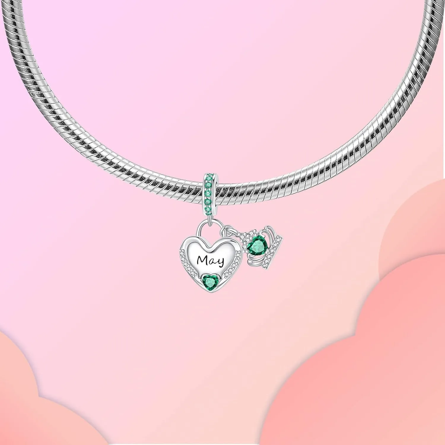 Birthstone Charms 925 Sterling Silver Cubic Zirconia Heart Dangle Charms fit for Bracelets and Necklaces Jewelry Gift