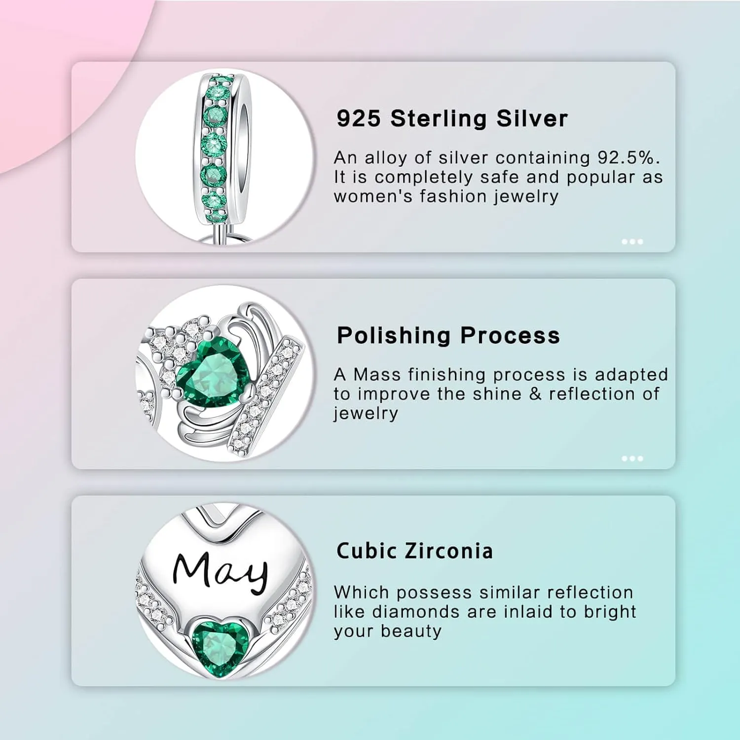 Birthstone Charms 925 Sterling Silver Cubic Zirconia Heart Dangle Charms fit for Bracelets and Necklaces Jewelry Gift