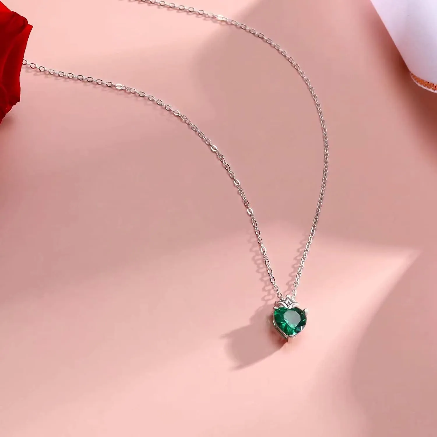 Birthstone Heart with Crown Pendant Necklace 925 Sterling Silver Love Heart Princess Queen Crown Necklaces Cubic Zirconia Necklaces Birthday Gift for Women