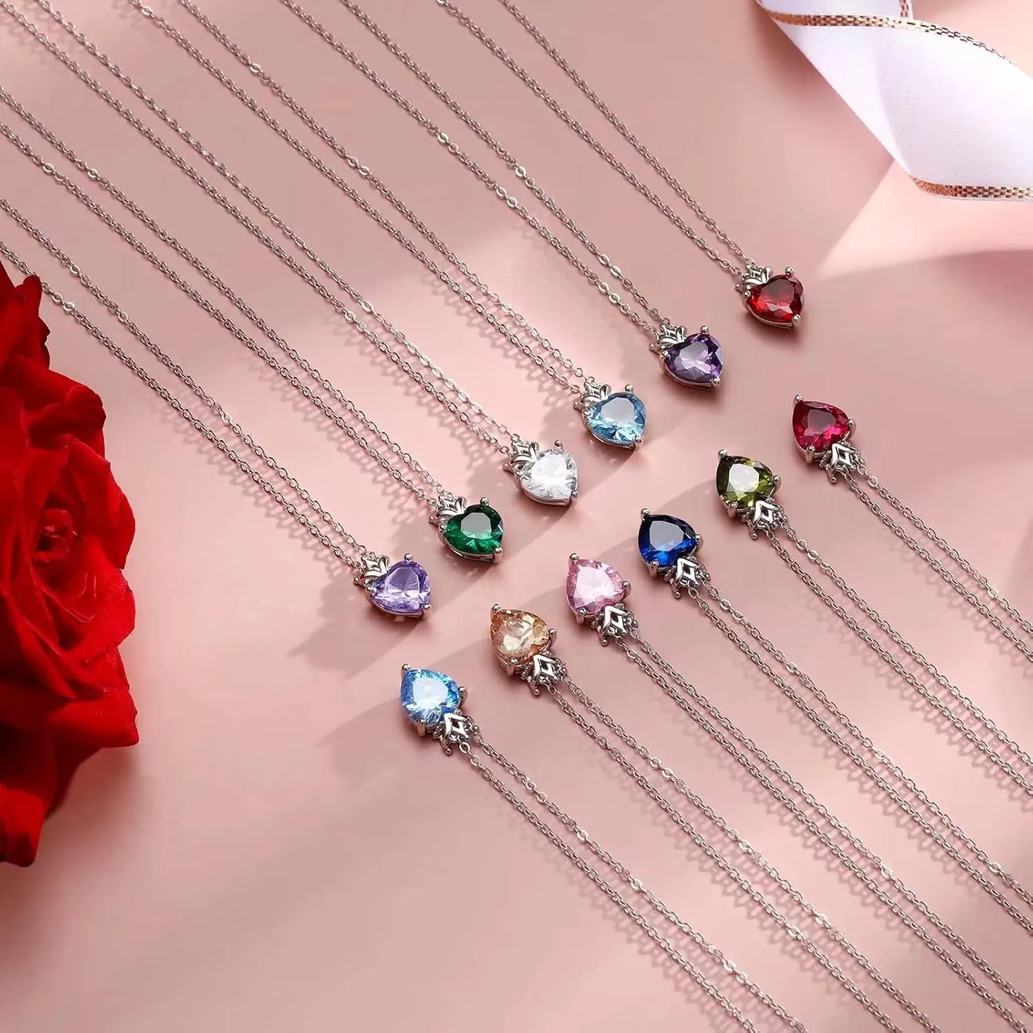 Birthstone Heart with Crown Pendant Necklace 925 Sterling Silver Love Heart Princess Queen Crown Necklaces Cubic Zirconia Necklaces Birthday Gift for Women