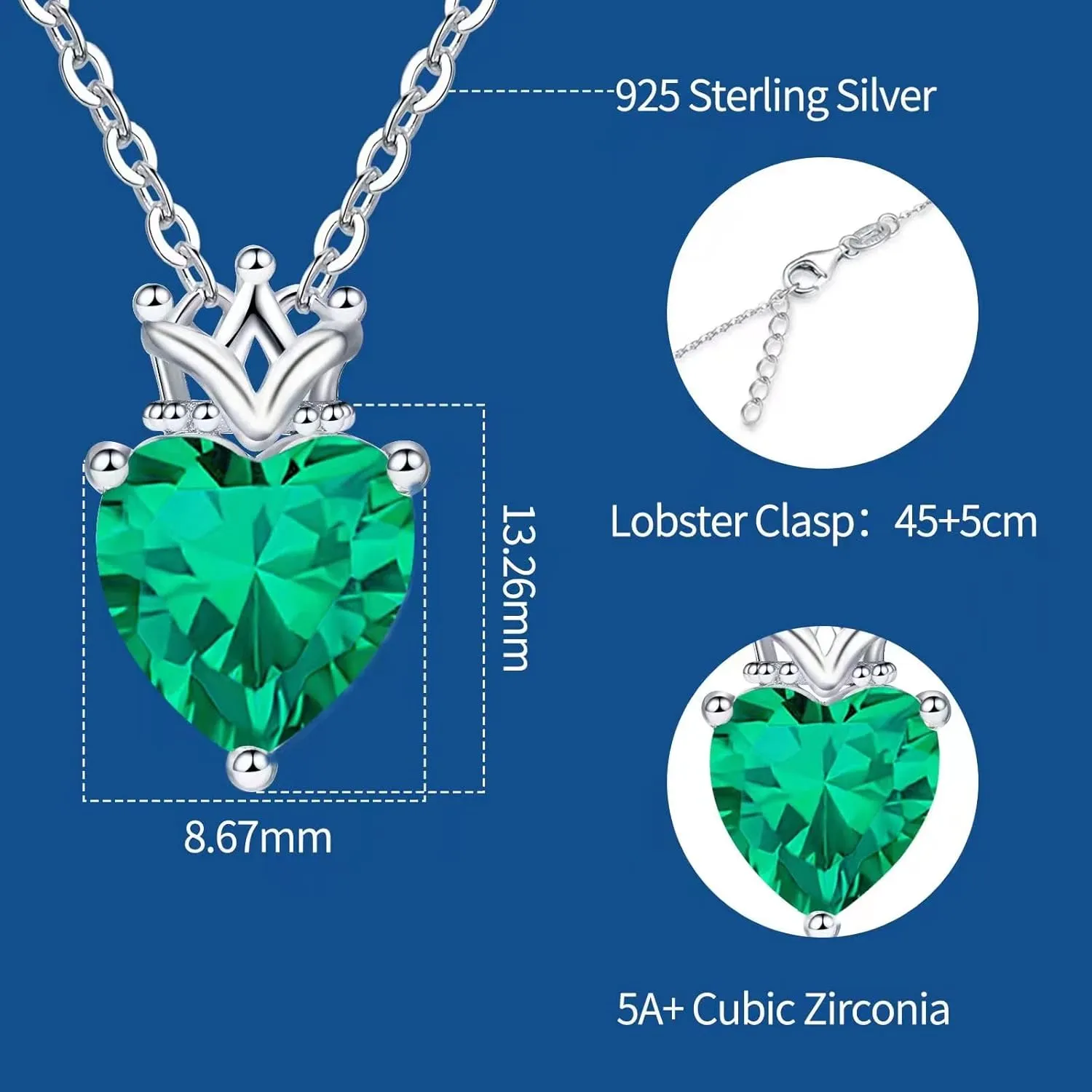 Birthstone Heart with Crown Pendant Necklace 925 Sterling Silver Love Heart Princess Queen Crown Necklaces Cubic Zirconia Necklaces Birthday Gift for Women