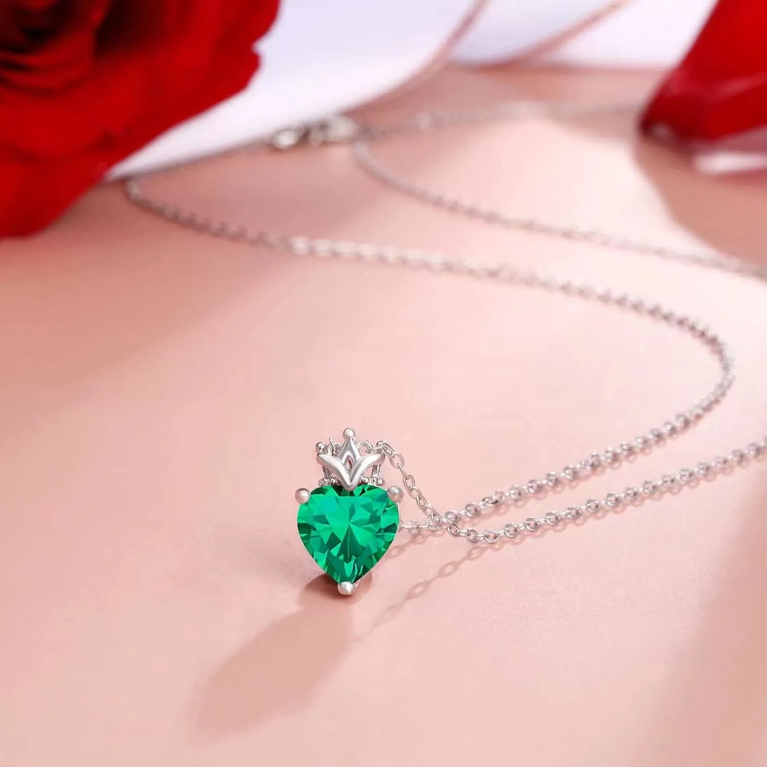 Birthstone Heart with Crown Pendant Necklace 925 Sterling Silver Love Heart Princess Queen Crown Necklaces Cubic Zirconia Necklaces Birthday Gift for Women