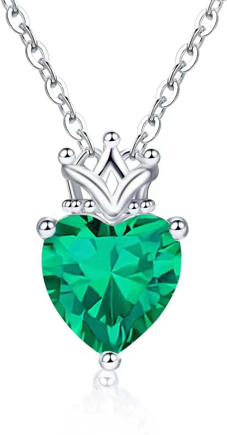Birthstone Heart with Crown Pendant Necklace 925 Sterling Silver Love Heart Princess Queen Crown Necklaces Cubic Zirconia Necklaces Birthday Gift for Women