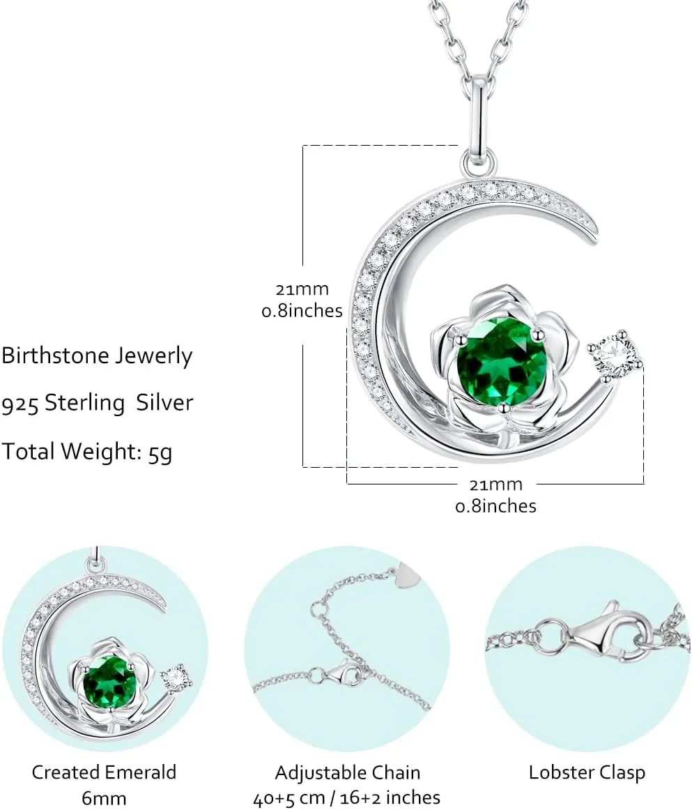 Birthstone Necklace for Women Sterling Silver Moon Pendant Necklaces Anniversary Birthday Fine Jewelry Gifts for Her Women Mother, Adjustable Chain