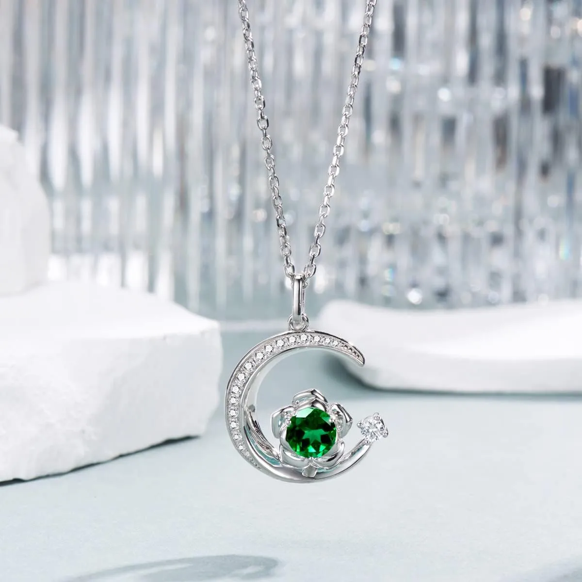 Birthstone Necklace for Women Sterling Silver Moon Pendant Necklaces Anniversary Birthday Fine Jewelry Gifts for Her Women Mother, Adjustable Chain