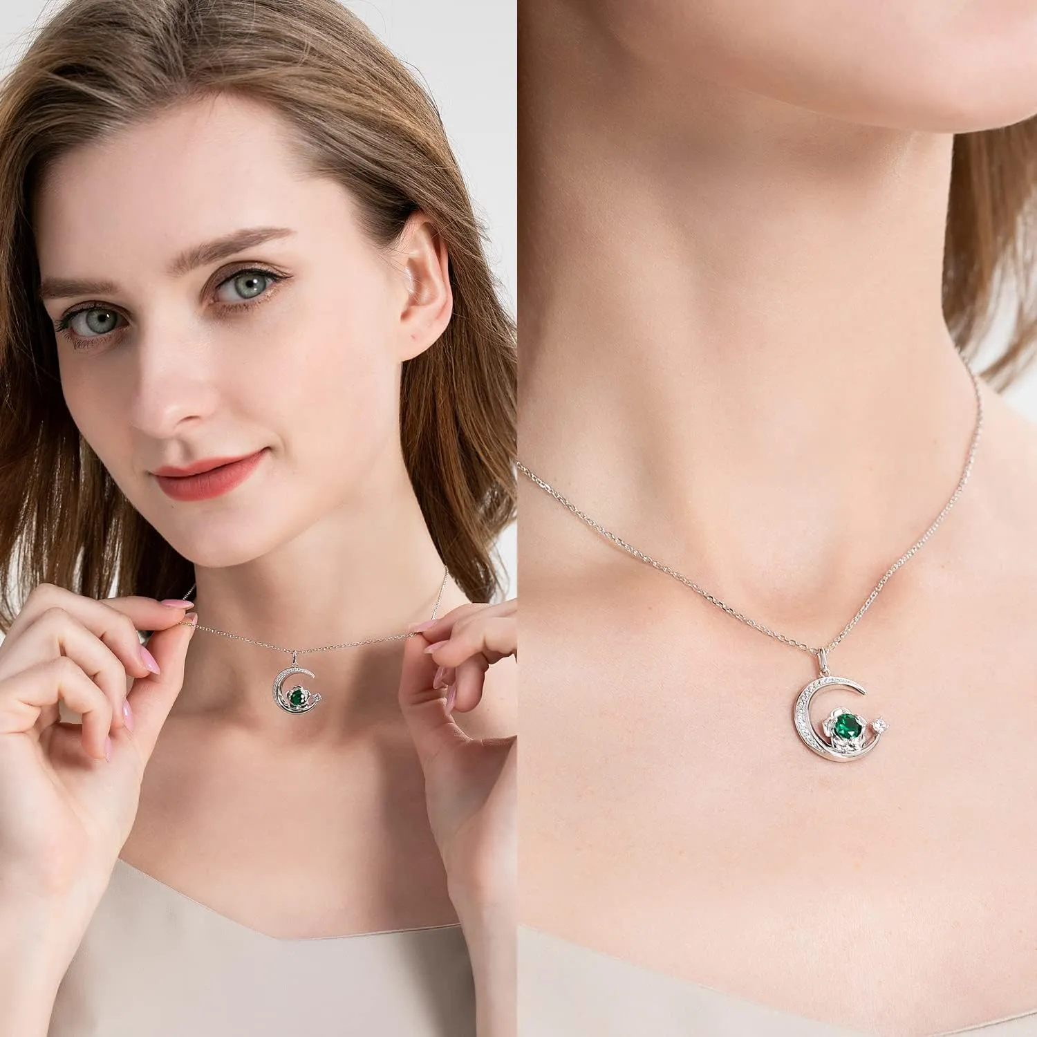 Birthstone Necklace for Women Sterling Silver Moon Pendant Necklaces Anniversary Birthday Fine Jewelry Gifts for Her Women Mother, Adjustable Chain