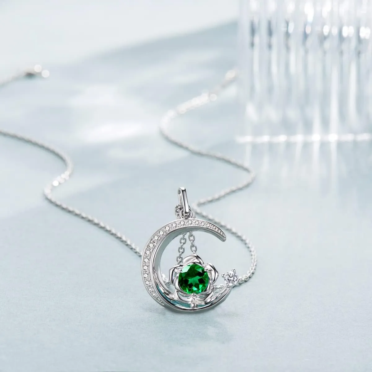 Birthstone Necklace for Women Sterling Silver Moon Pendant Necklaces Anniversary Birthday Fine Jewelry Gifts for Her Women Mother, Adjustable Chain