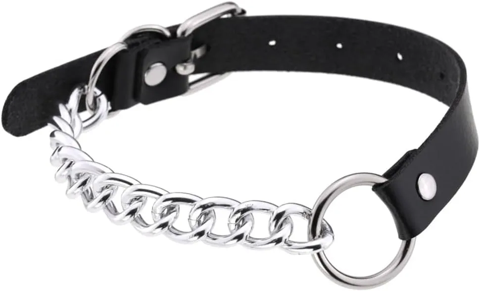 Black Goth Leather Choker Necklaces for Women Heart Circle Cosplay Collar Neckband Adjustable