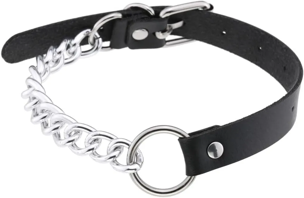 Black Goth Leather Choker Necklaces for Women Heart Circle Cosplay Collar Neckband Adjustable