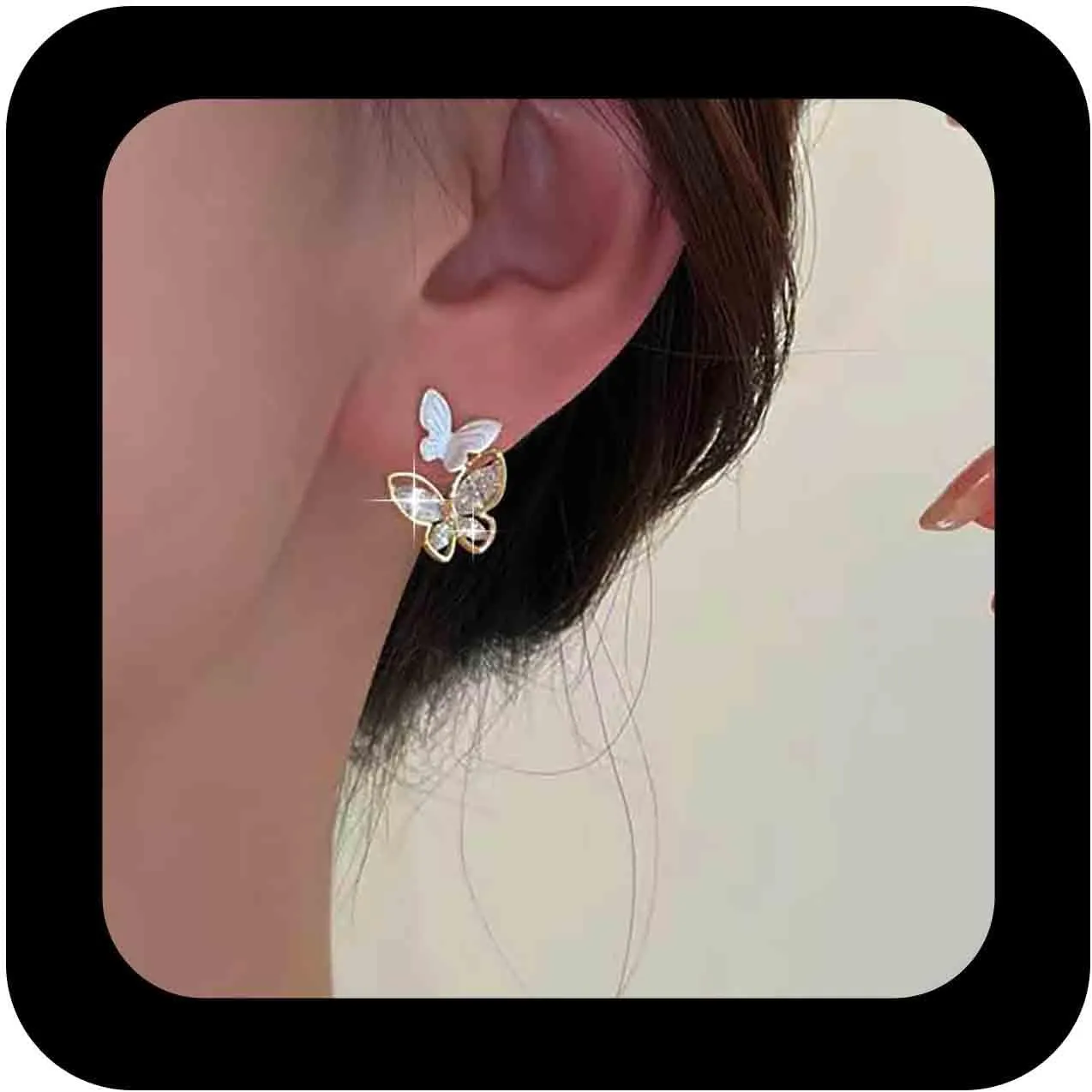 Bohemian Crystal Butterfly Earrings Gold Metal Cz Butterfly Earrings White Butterfly Stud Earrings Double Rhinestone Butterfly Earrings Jewelry for Women