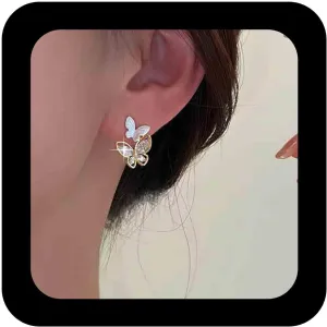 Bohemian Crystal Butterfly Earrings Gold Metal Cz Butterfly Earrings White Butterfly Stud Earrings Double Rhinestone Butterfly Earrings Jewelry for Women