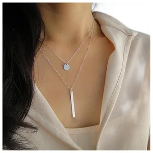 Bohemian Layered Coin Necklace Vintage Bar Pendant Necklace Silver Tiny Disc Chain Necklace Vertical Bar Necklace Jewelry for Women and Girls Gifts