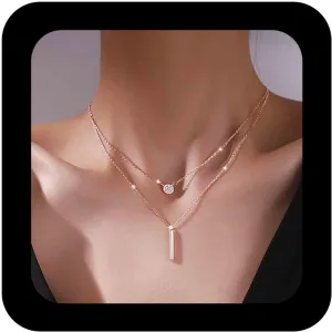Bohemian Layered Crystal Coin Necklace Vintage Bar Pendant Necklace Gold Tiny Disc Chain Necklace Bar Geometric Necklace Jewelry for Women