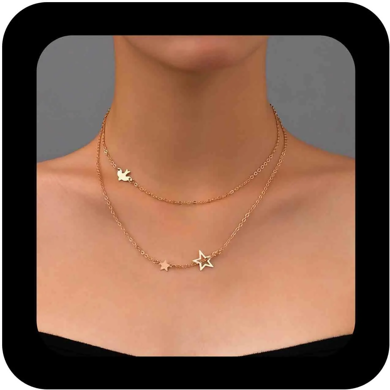 Bohemian Layered Star Choker Necklace Gold Peace Dove Collar Necklace Metal Hollow Star Pendant Necklaces Minimalist Dove Bird Chain Necklaces Jewelry for Women