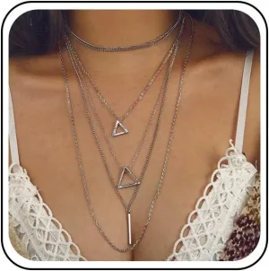 Bohemian Layered Triangle Choker Necklace Vintage Bar Pendant Necklace Silver Hollow Triangle Necklace Long Vertical Bar Necklace Multilayer Necklace Chain Jewelry for Women