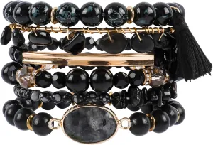 Bohemian Natural Stone Beaded Bracelets for Women Men Stackable Stretch Beads Bracelet Set with Charm and Tassel Multilayered Elastic Gemstone Bracelets Summer Beach Boho Jewelry Gift for Women