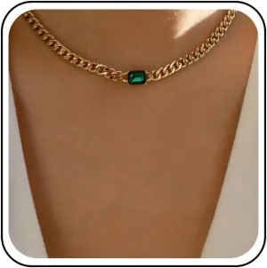 Boho Emerald Choker Necklace Gold Square Emerald Pendant Necklace Chunky Curb Chain Necklace Rectangle Emerald Square Necklace Chain Jewelry for Women
