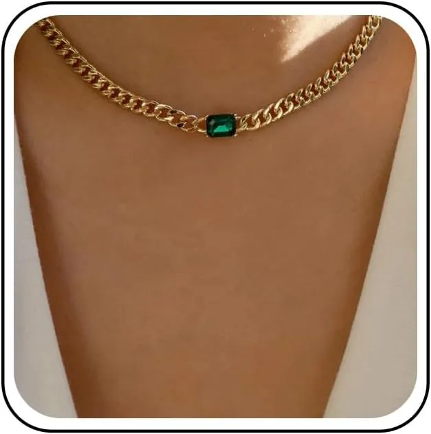 Boho Emerald Choker Necklace Gold Square Emerald Pendant Necklace Chunky Curb Chain Necklace Rectangle Emerald Square Necklace Chain Jewelry for Women