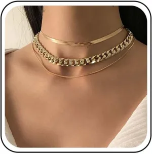 Boho Layered Choker Necklace Chunky Cuban Chain Necklace Gold Herringbone Choker Necklace Cuban Link Curb Necklace Round Snake Necklace Chain Multilayer Punk Neckalce