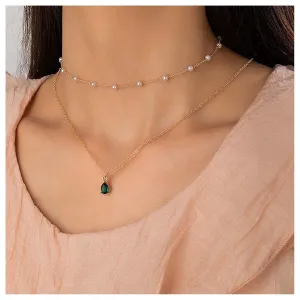 Boho Layered Crystal Pearl Necklace Teardrop Emerald Pendant Necklace Gold Pearl Chain Necklace Green Gemstone Necklace Chain Jewelry for Women and Girls