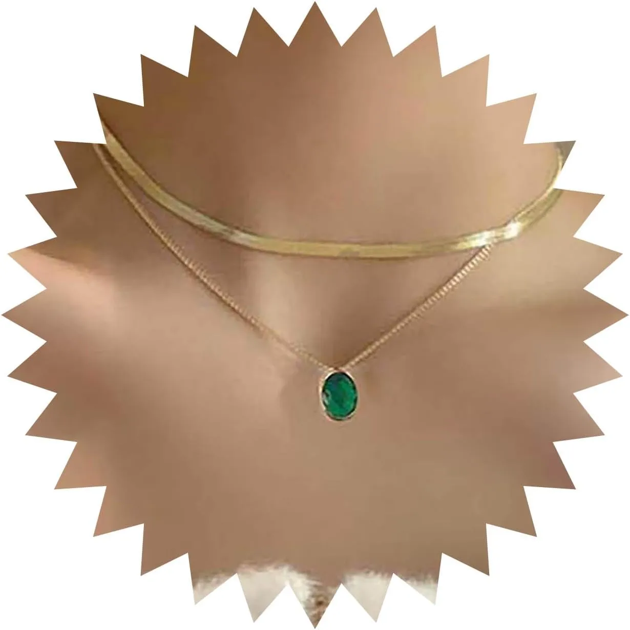Boho Layered Emerald Pendant Necklace Green Crystal Necklace Gold Layering Herringbone Chain Choker Necklace Oval Emerald Necklace Jewelry for Women