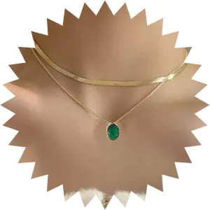 Boho Layered Emerald Pendant Necklace Green Crystal Necklace Gold Layering Herringbone Chain Choker Necklace Oval Emerald Necklace Jewelry for Women