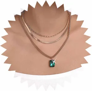 Boho Layered Emerald Pendent Necklace Geometric Emerald Necklace Emerald Square Necklace Cz Emerald Choker Necklace Gold Snake Chain Necklace Vintage Curb Chain Necklace Jewelry for Women