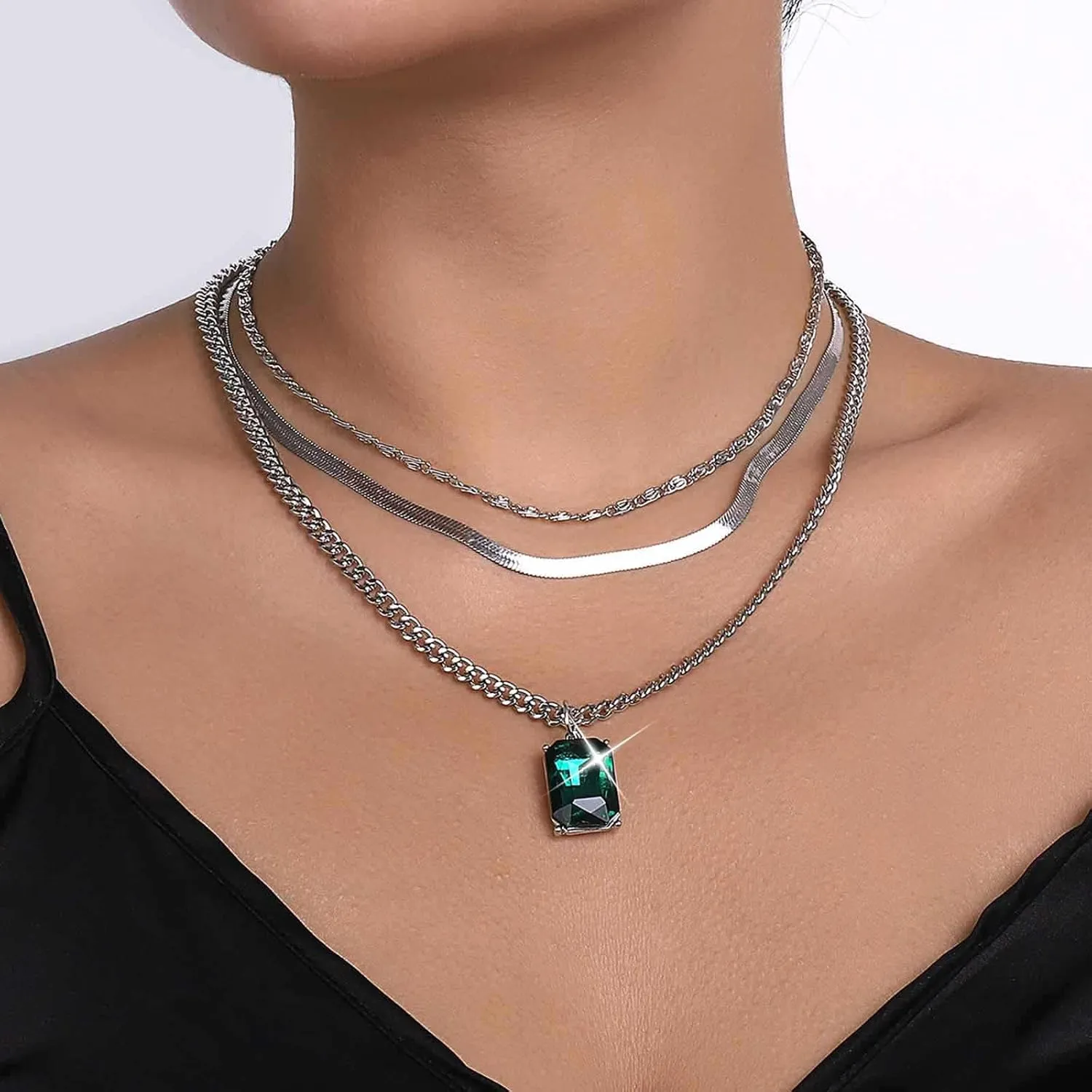 Boho Layered Emerald Pendent Necklace Geometric Emerald Necklace Emerald Square Necklace Cz Emerald Choker Necklace Gold Snake Chain Necklace Vintage Curb Chain Necklace Jewelry for Women