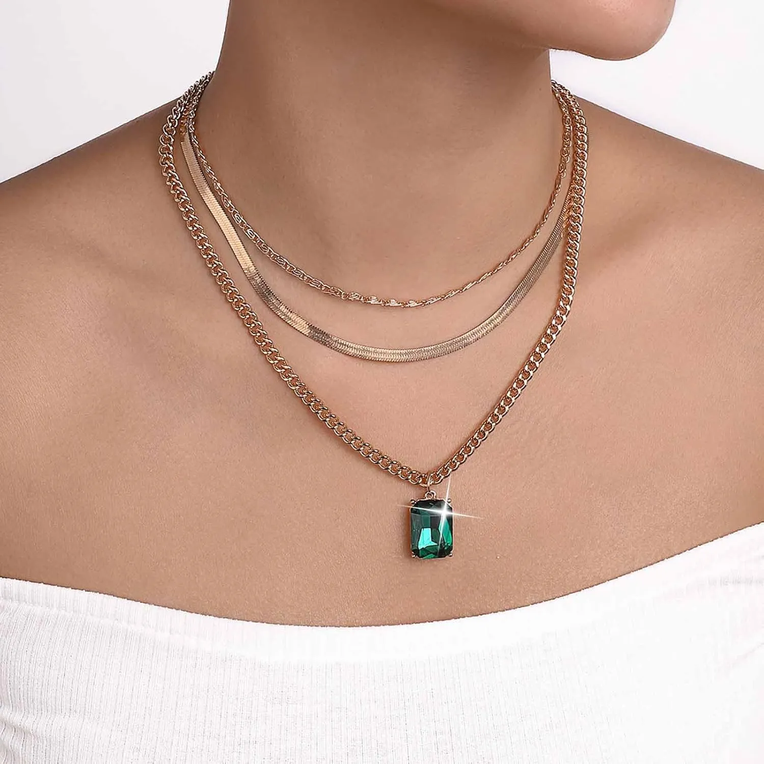Boho Layered Emerald Pendent Necklace Geometric Emerald Necklace Emerald Square Necklace Cz Emerald Choker Necklace Gold Snake Chain Necklace Vintage Curb Chain Necklace Jewelry for Women