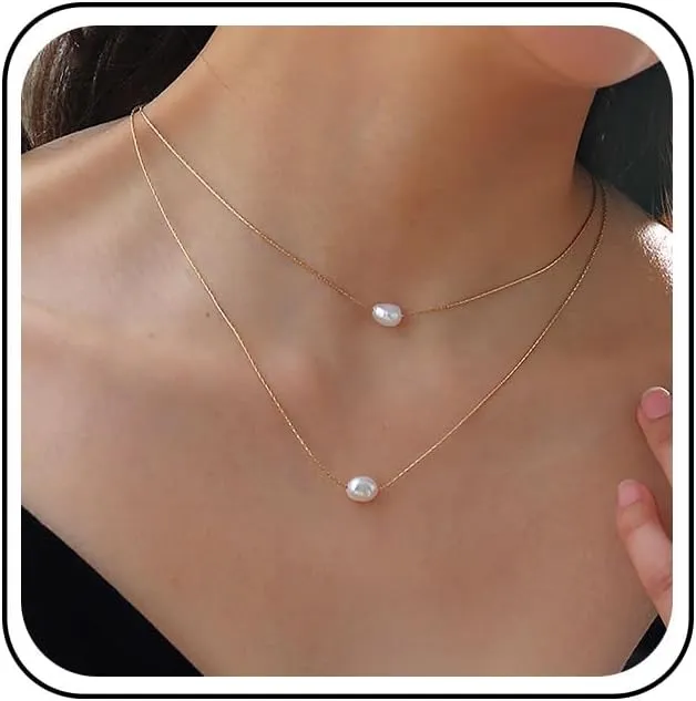 Boho Layered Pearl Necklace Chain Gold Pearl Choker Necklace Floating Pearl Chain Necklace Vintage Baroque Pearl Pendant Necklace Pearl Wedding Necklace Jewelry for Women