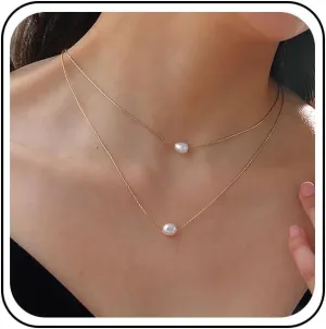 Boho Layered Pearl Necklace Chain Gold Pearl Choker Necklace Floating Pearl Chain Necklace Vintage Baroque Pearl Pendant Necklace Pearl Wedding Necklace Jewelry for Women