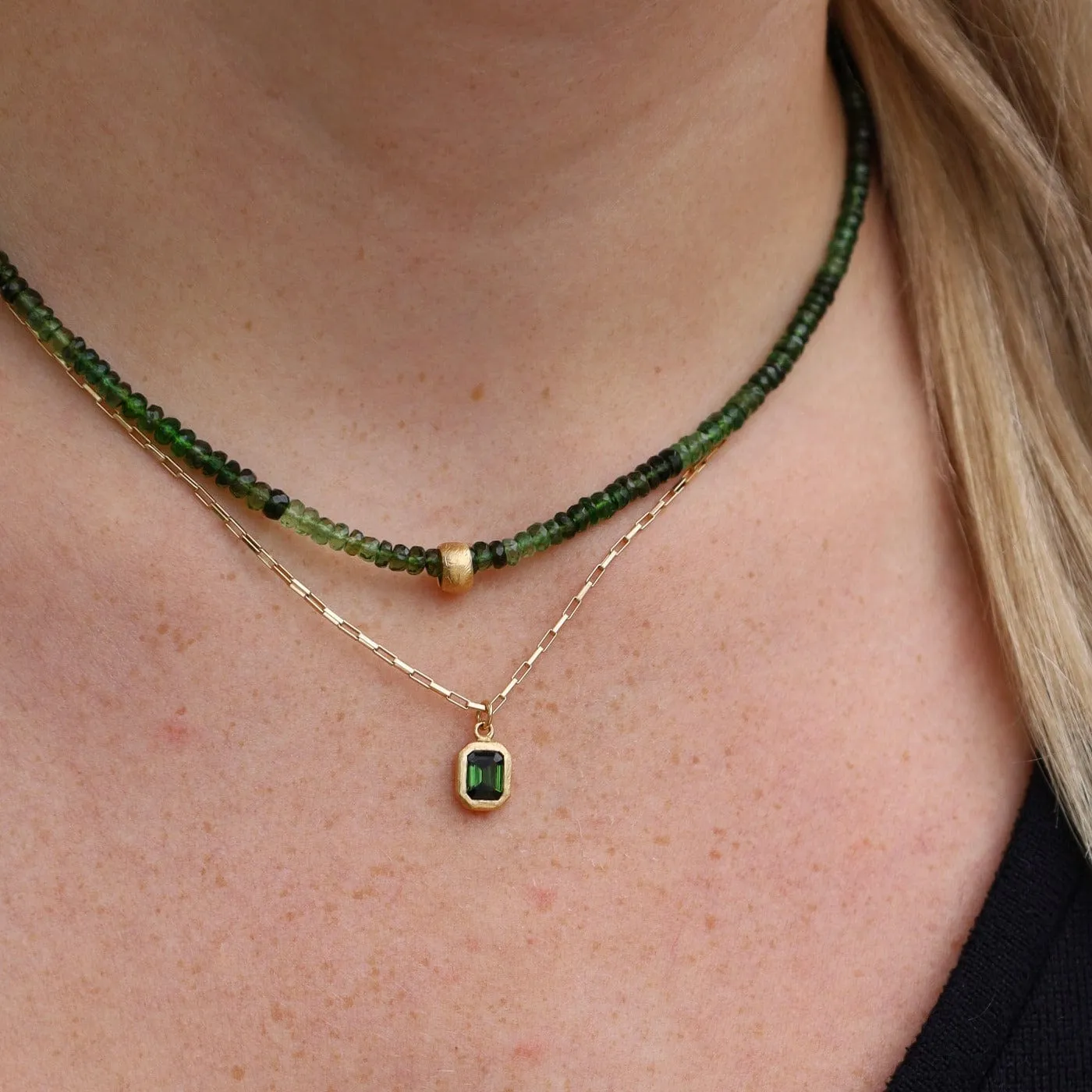 'Boulder' Emerald Cut Green Tourmaline Pendant on Elongated Box Chain