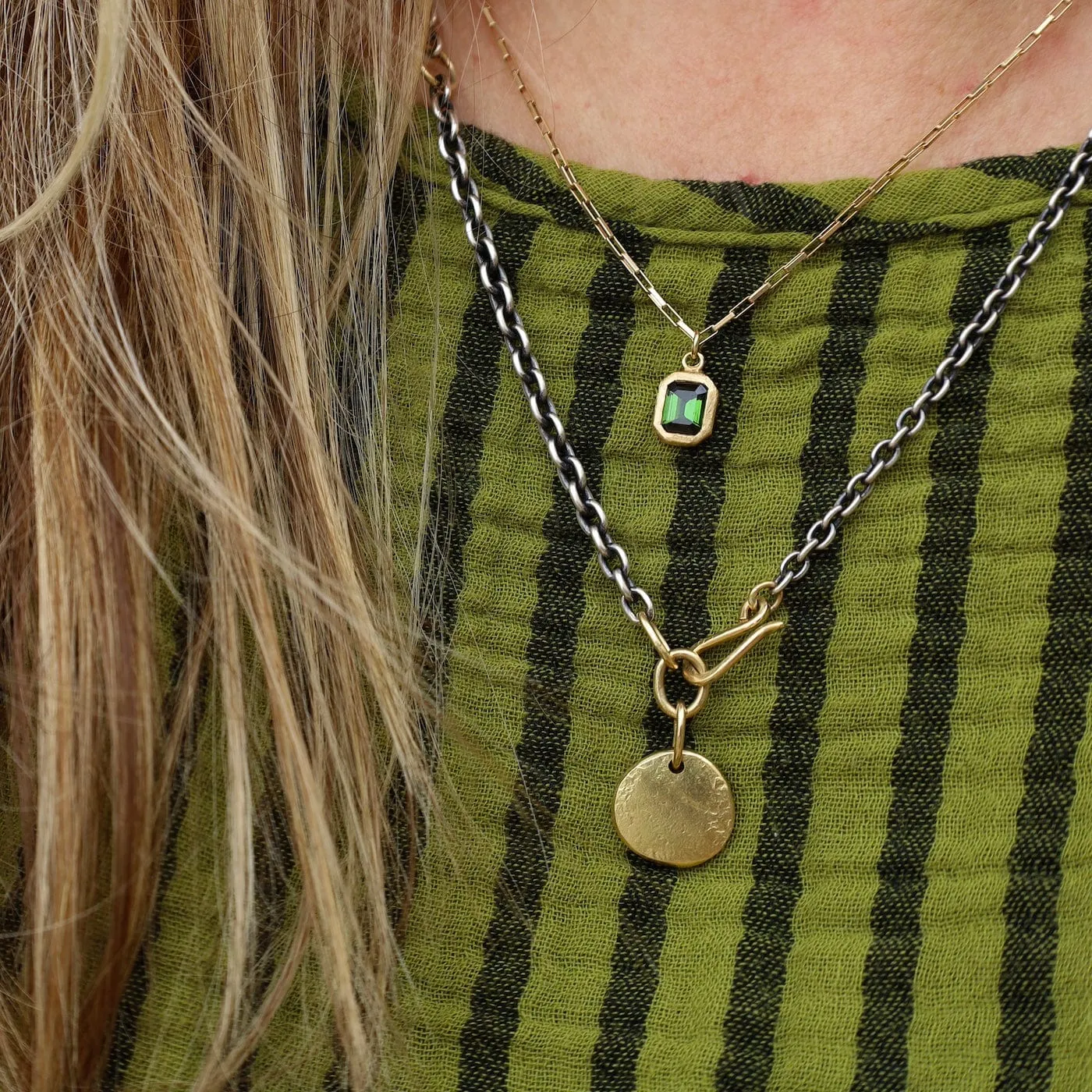 'Boulder' Emerald Cut Green Tourmaline Pendant on Elongated Box Chain
