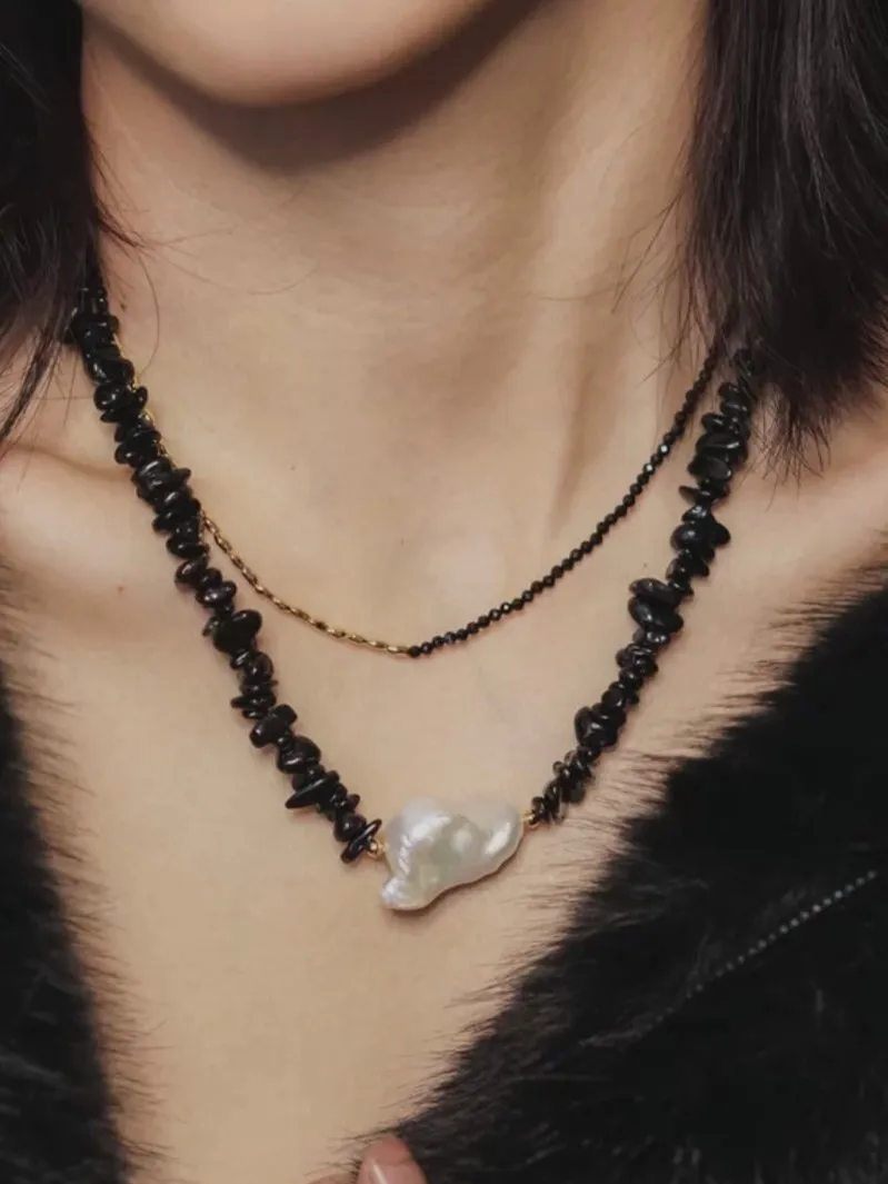 Brilliant Black Onyx Crushed Stone Baroque Pearl Necklace