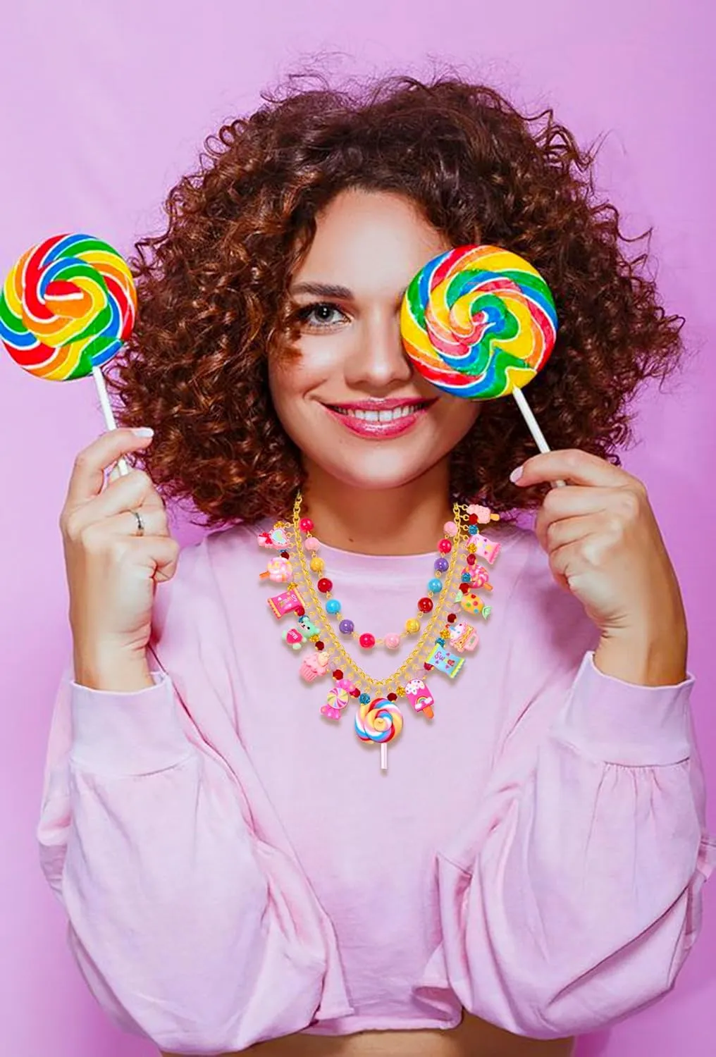 Candy Layered Necklaces for Women Novelty Colorful Beads Lollipop Sweet Candy Bear Ice Cream Dessert Cake Pendant Choker Necklace for Birthday Halloween Holiday Party Jewelry Gift