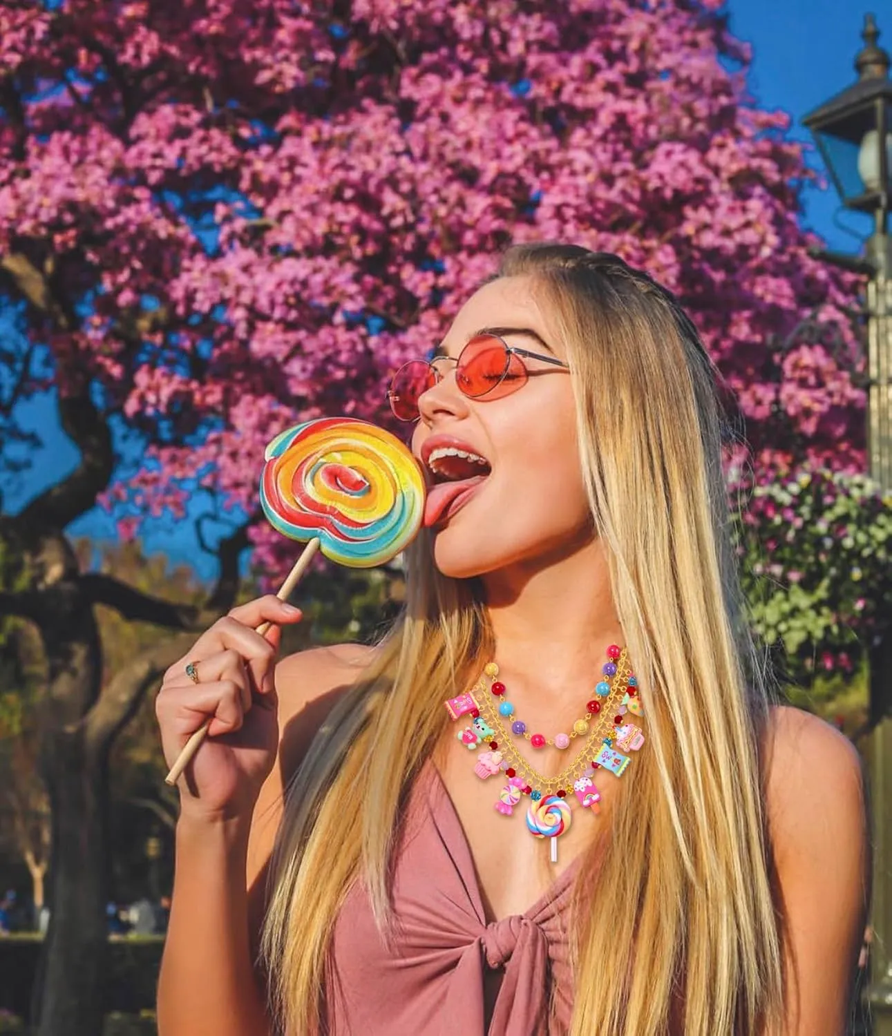 Candy Layered Necklaces for Women Novelty Colorful Beads Lollipop Sweet Candy Bear Ice Cream Dessert Cake Pendant Choker Necklace for Birthday Halloween Holiday Party Jewelry Gift