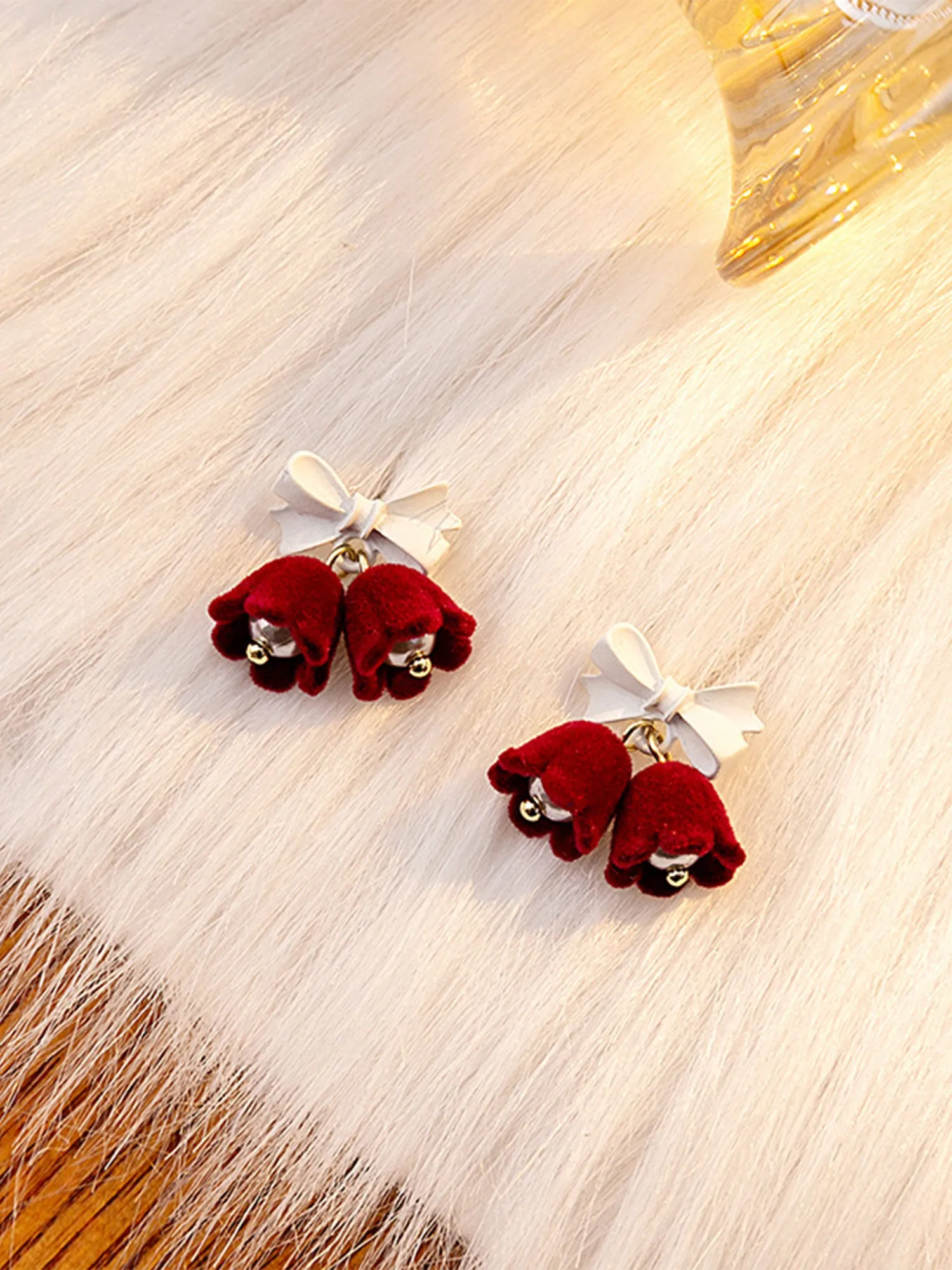 Christmas Accessories Vintage Burgundy Flocked Bell Earrings