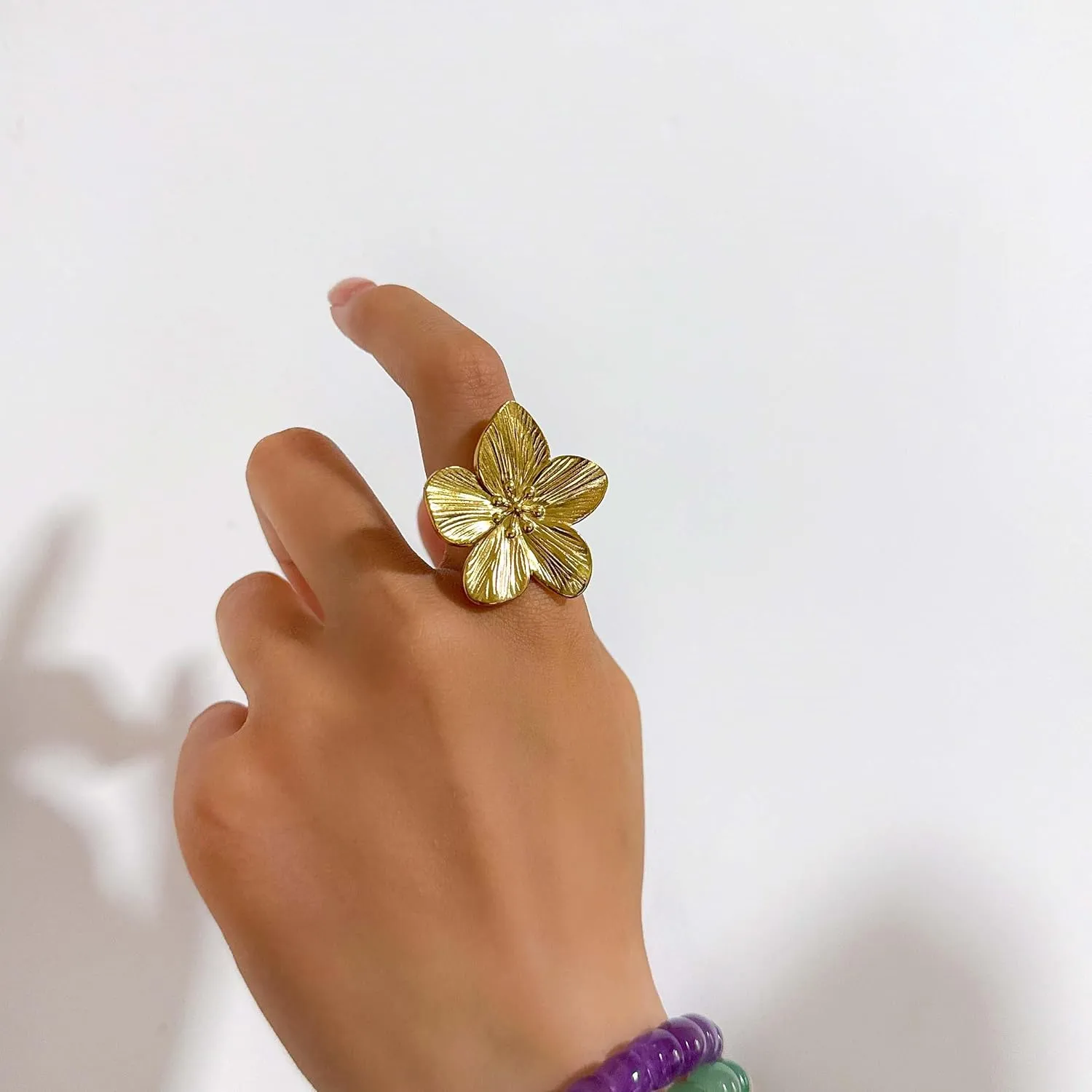 Chunky Gold Flower Rings for Women Adjustable Wide Statement Rings Flower Punk Party Jewelry