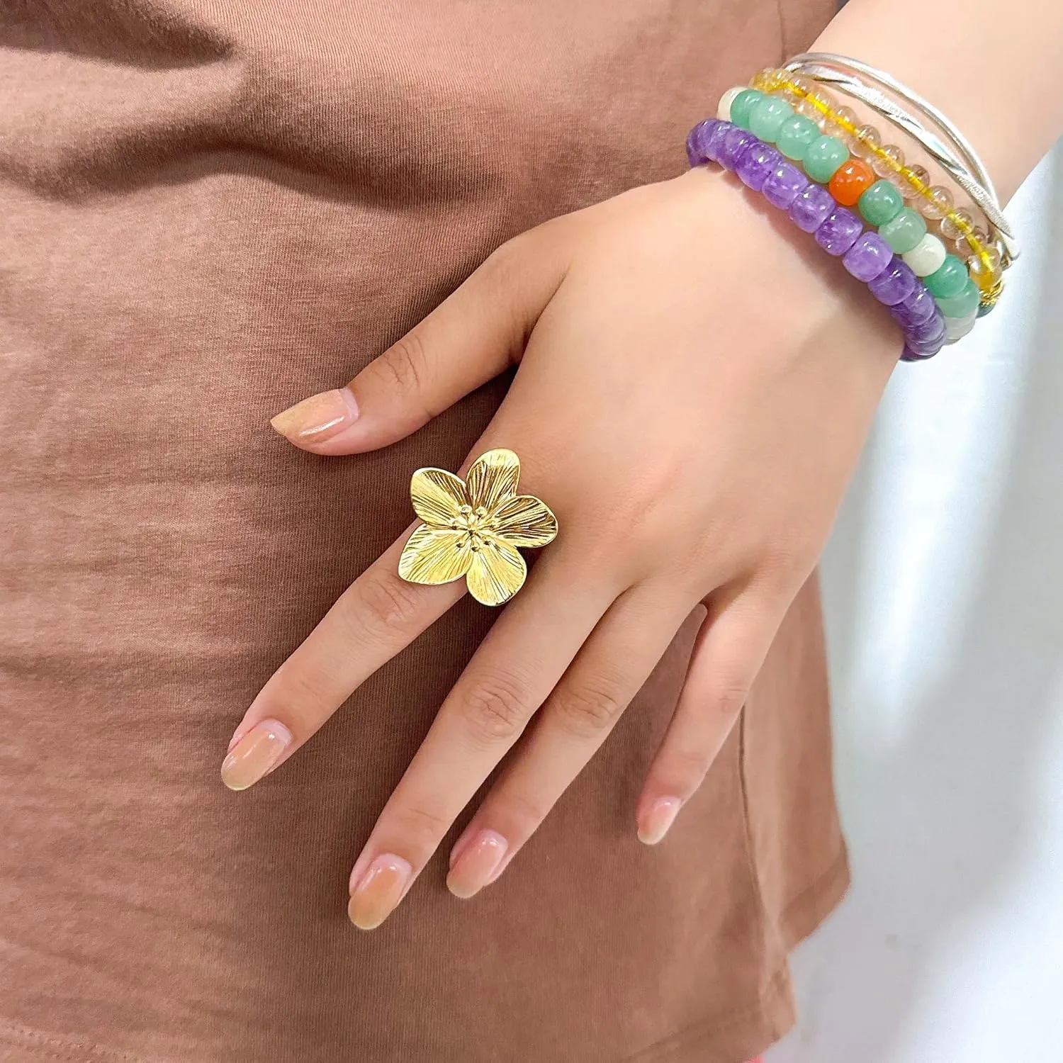 Chunky Gold Flower Rings for Women Adjustable Wide Statement Rings Flower Punk Party Jewelry