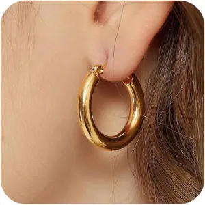Chunky Gold Hoop Earrings for Women, Dainty Gold Hoops Earrings 14K Gold Plated Lightweight Teardrop Square Earrings Hypoallergenic Minimalist Drop Earrings for Women Trendy Gold Jewelry
