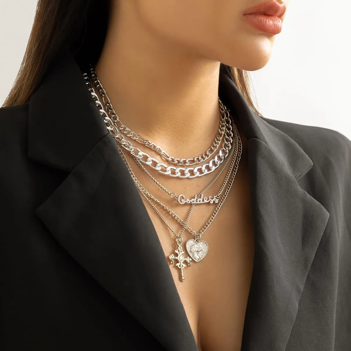 Chunky Gold Necklace Stack for Women Layered Necklaces for Women Silver Chunky Necklace Paperclip Chain Cross Beaded Ball OT Toggle Heart Pendant Necklace Chunky Gold Jewelry Set