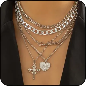 Chunky Gold Necklace Stack for Women Layered Necklaces for Women Silver Chunky Necklace Paperclip Chain Cross Beaded Ball OT Toggle Heart Pendant Necklace Chunky Gold Jewelry Set